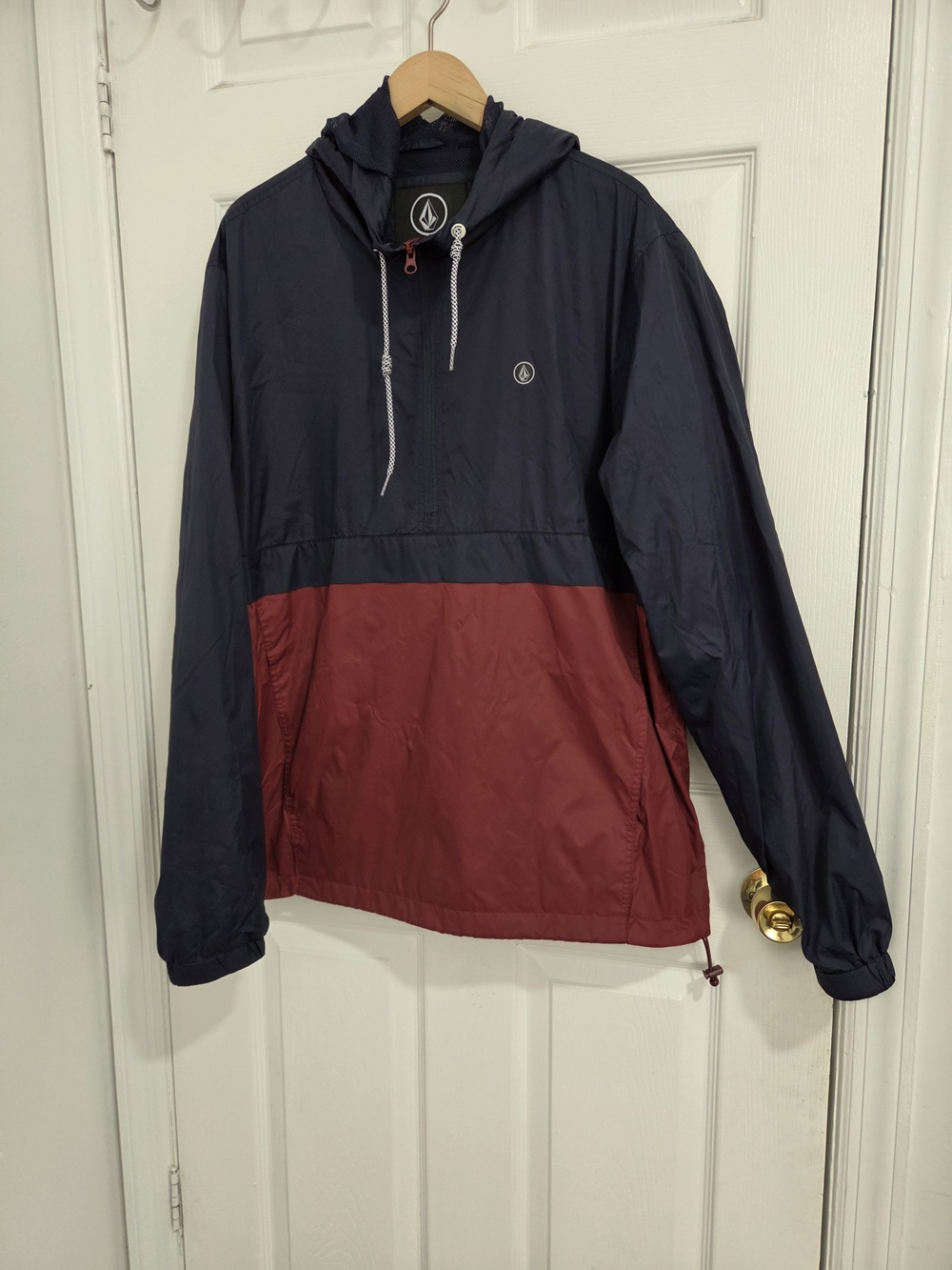 Volcom Navy and Burgundy Colorblock Hooded Windbreaker